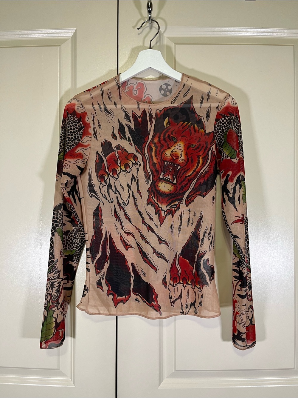 Graphic Tiger Print Long-Sleeve Top - Beige/Red